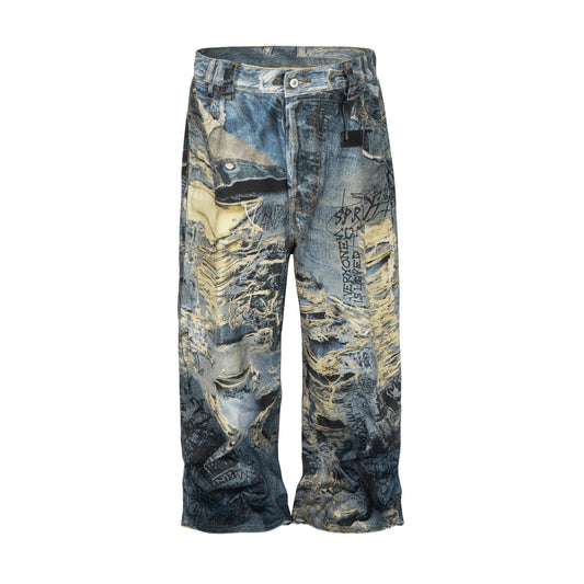WIDEBOY DISTRESSED GRAFFITI MENS DENIM JEANS