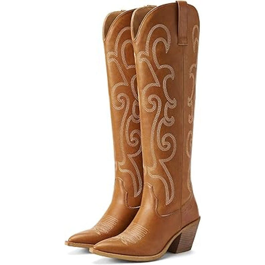 Rollda Womens Size 9 Brown Faux Leather 3" Block Heel Western Cowboy Boots