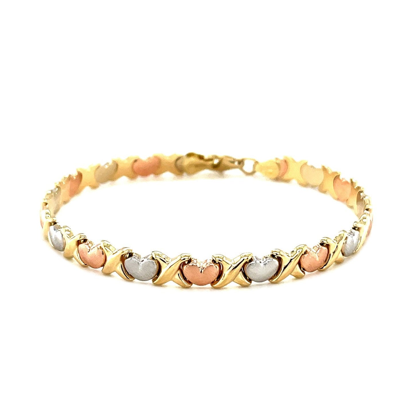 14k Tri-Color Gold Fancy Satin Heart Line Bracelet