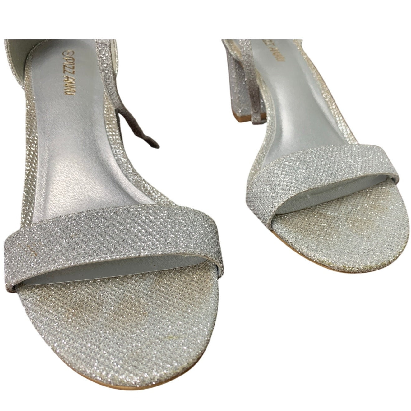 Pizz Annu Womens Size 7 Silver Glitter 2.5" Heel Open Toe Ankle Strap Shoes
