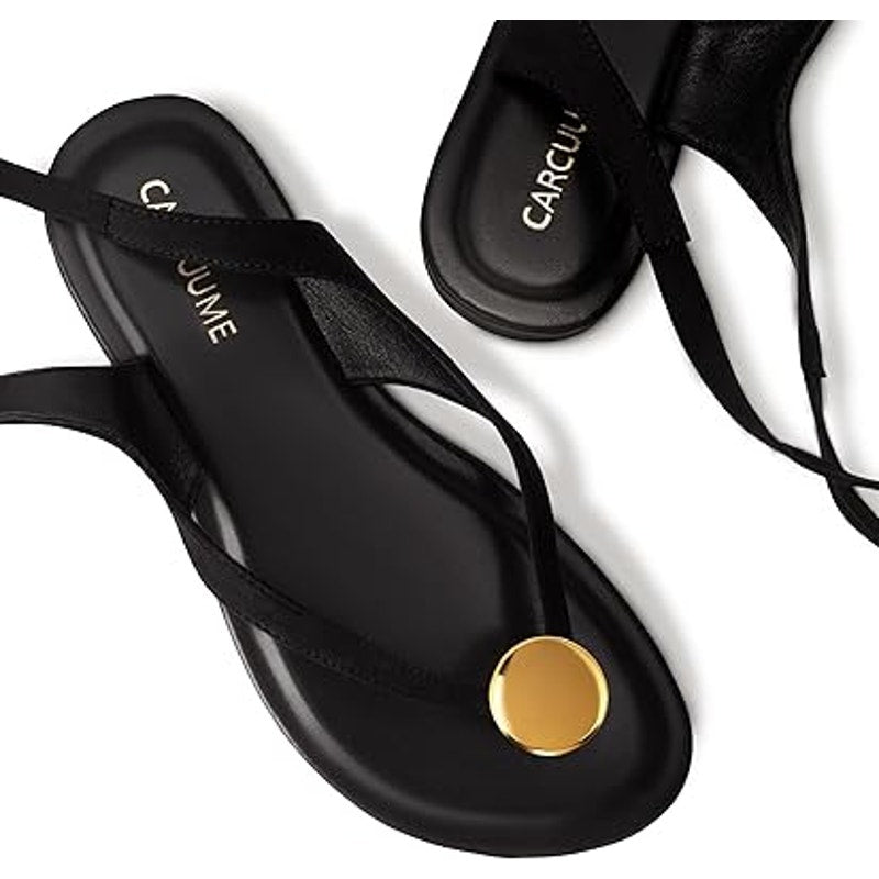 Carcuume Womens Size 8 Black Faux Suede Flat Sandals Strappy Tie Flip Flop Shoes