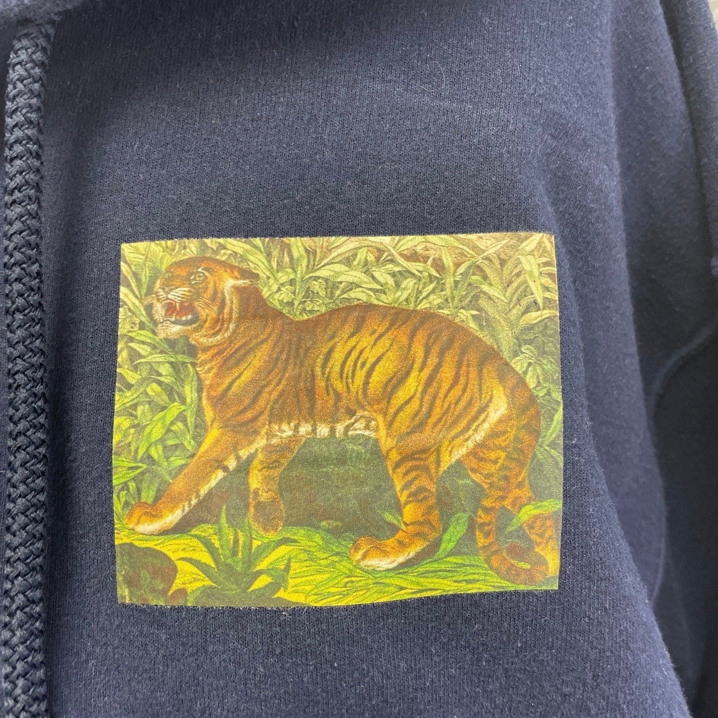 Hand Printed Upcycled Mens XL Wild Tiger Cotton Blend Sweatshirt Hoodie Jacket