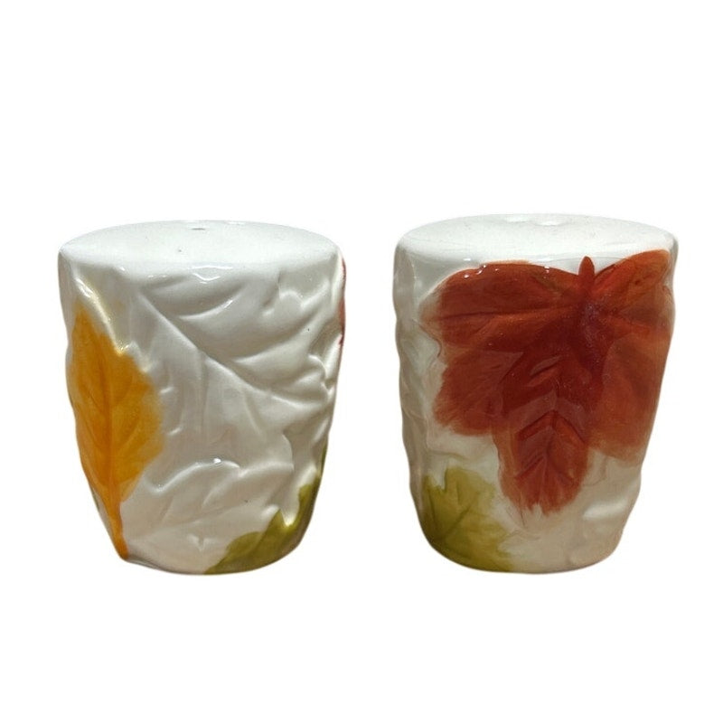 Vintage Red Green Gold Yellow Fall Leaf White Ceramic Salt & Pepper Shaker Set