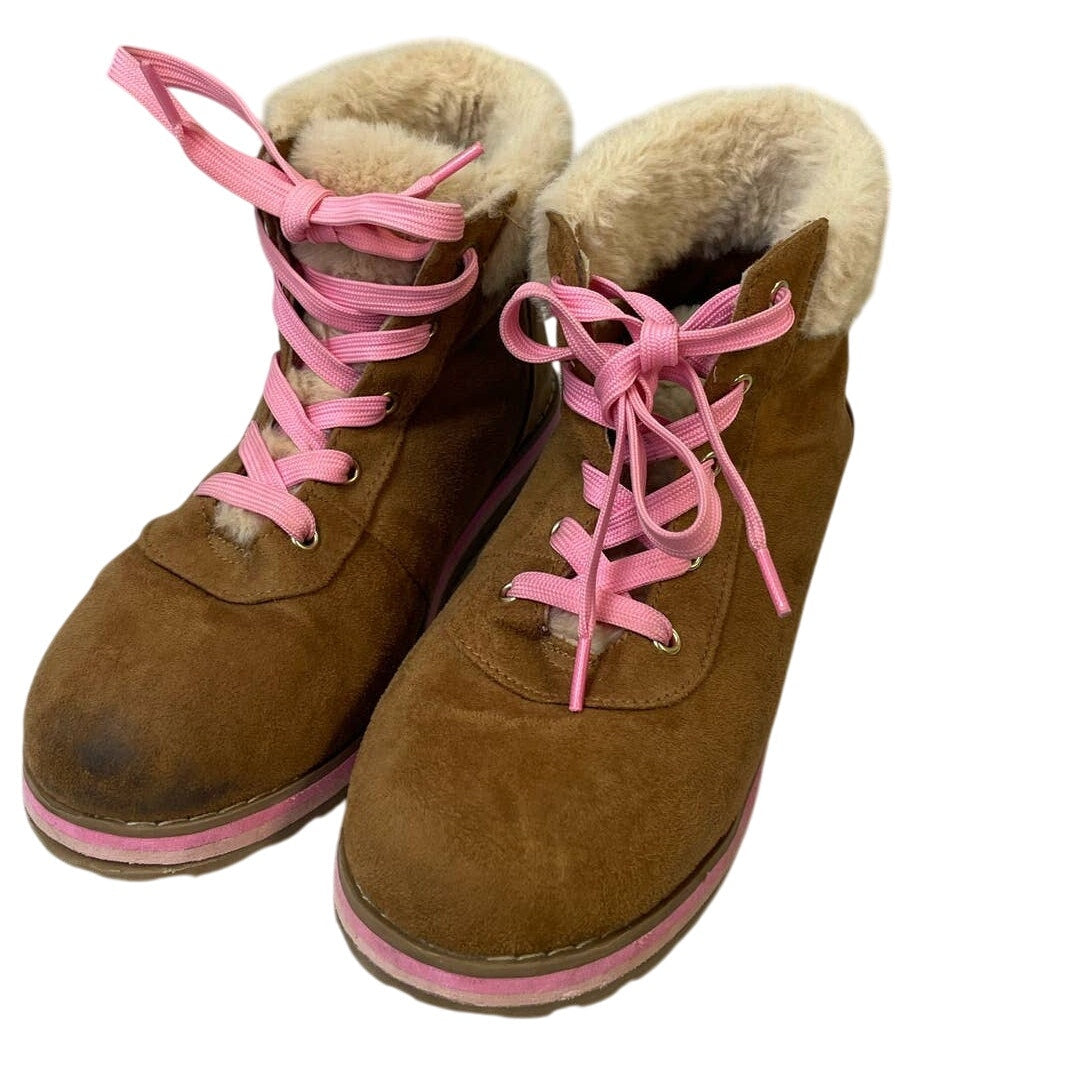 Childrens Place Girls Size 2 Faux Suede Fur Pink Brown Lace Up Fall Winter Boots