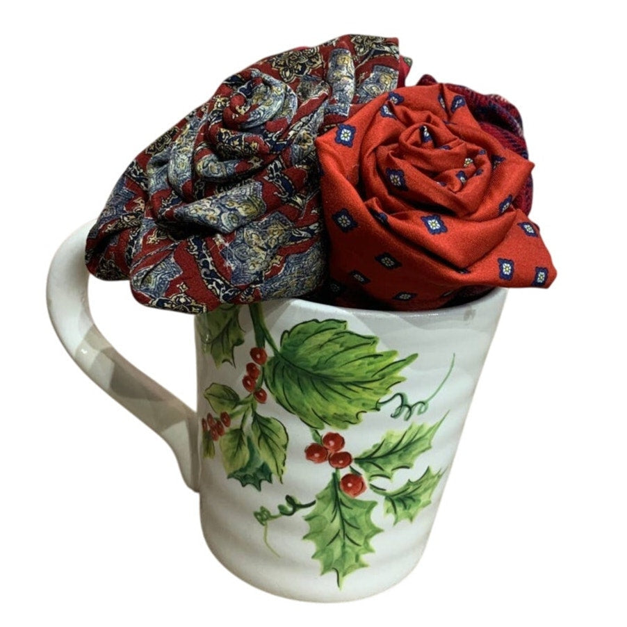 Handmade Upcycled Neck Tie Christmas Holiday Gift Rose Bouquet in Ceramic Mug