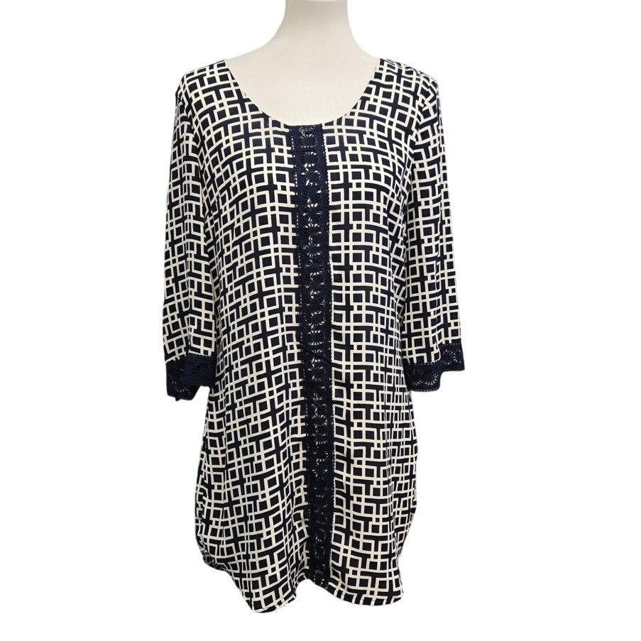 Alya Womens Medium Long Sleeve Scoop Neck Lined Geometric Navy Sheath Dress