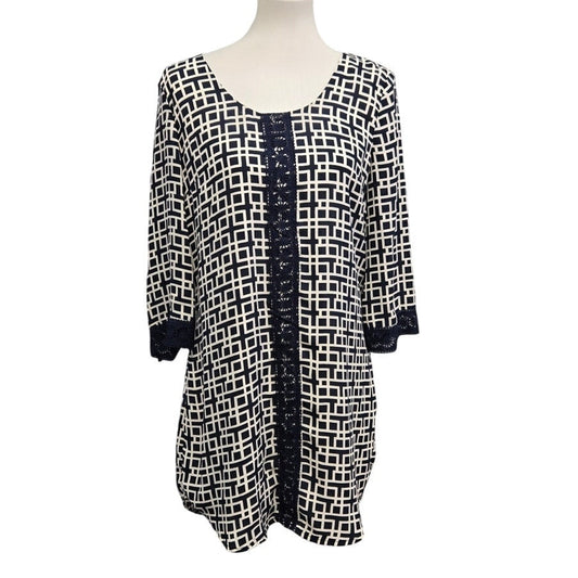 Alya Womens Medium Long Sleeve Scoop Neck Lined Geometric Navy Sheath Dress