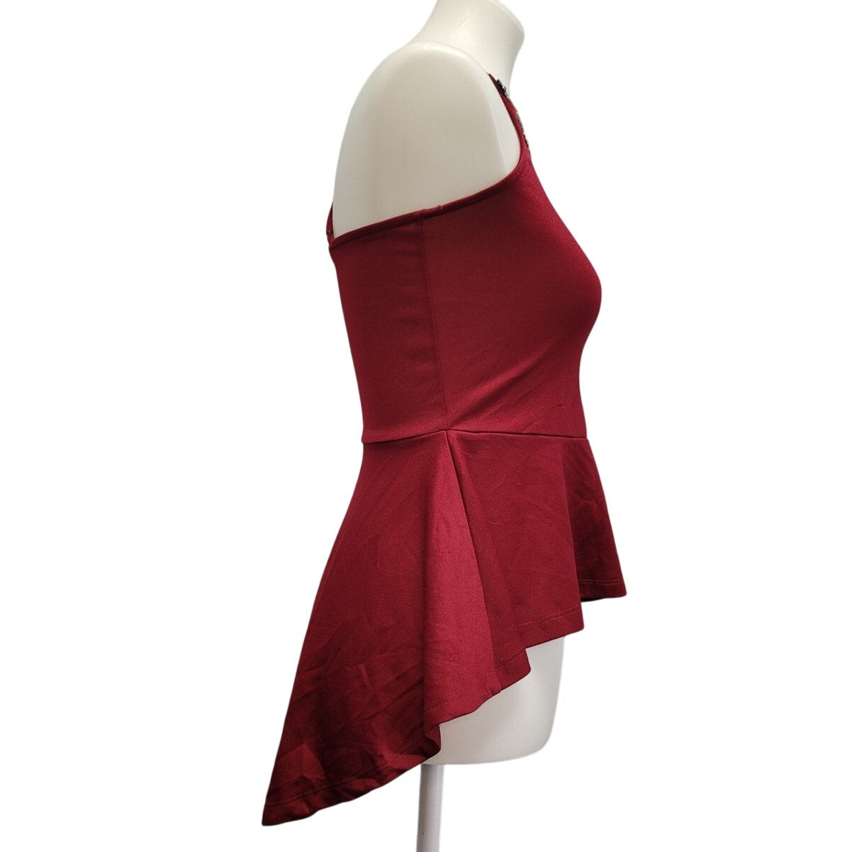 Miss Chievous Womens Small Spaghetti Strap Beaded Neck Hi Low Peplum Top