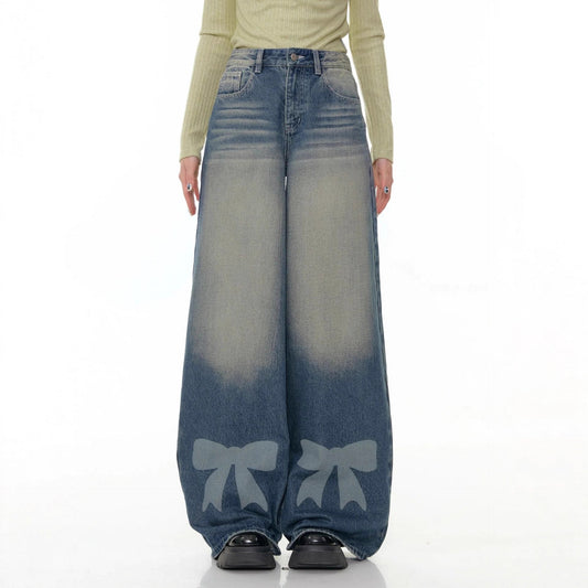 Retro Wide-leg Bow-tie Printed Washed Denim Jeans