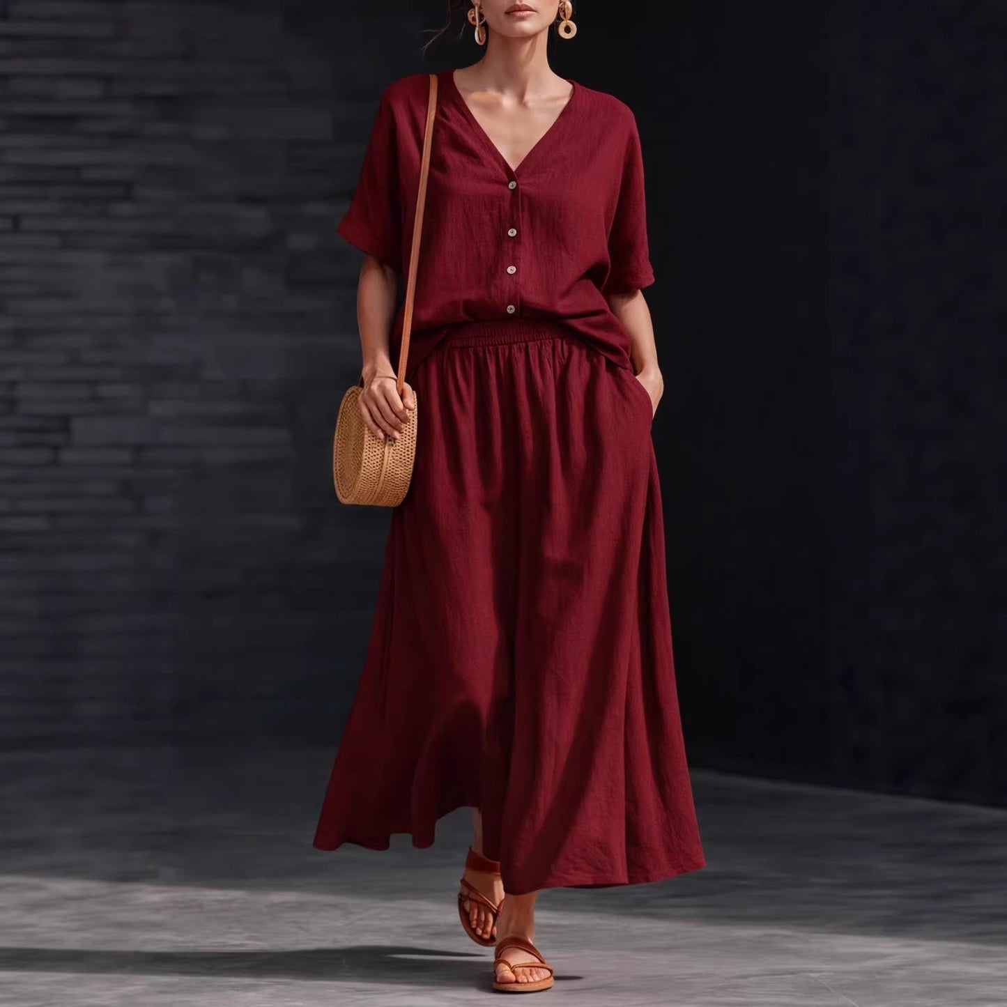 Women's Cotton-Linen V-Neck Button-Up Top & Long Skirt Set