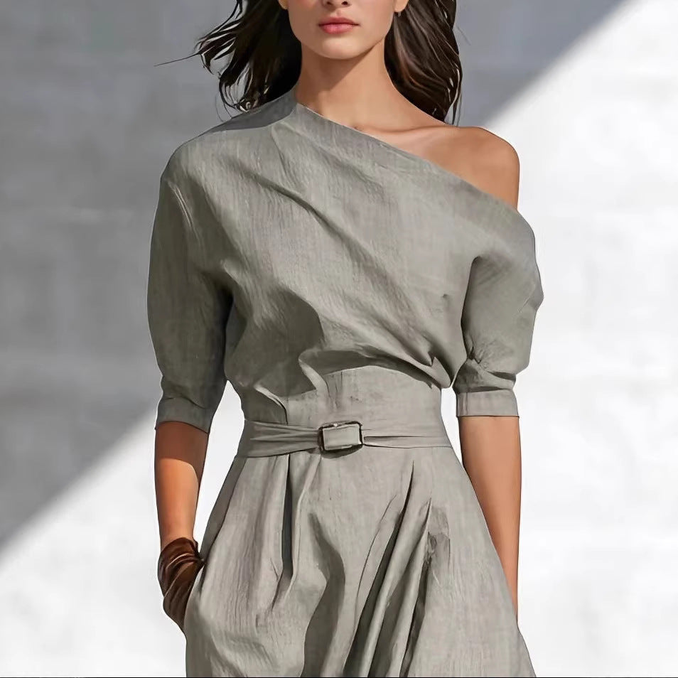 Women’s One-Shoulder Long Dress – Slanted Shoulder Waist-Defined Style