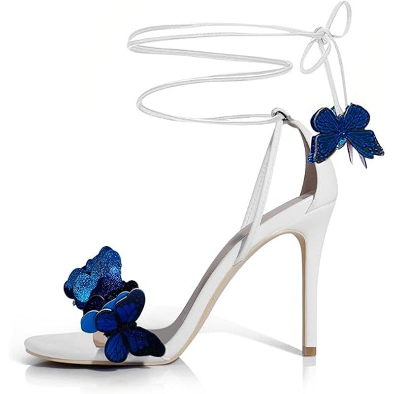 I Adore Womens 9 White 4.5" Heel Open Round Toe Blue Butterfly Ankle Tie Shoes