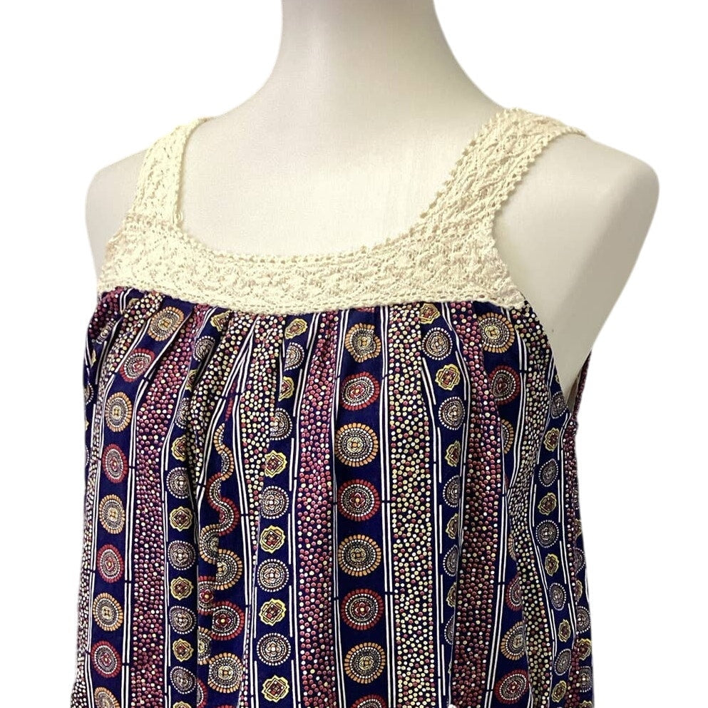 J Mang's XL Cotton Lace Trim Sleeveless Boho Print Made In Philippines Dress