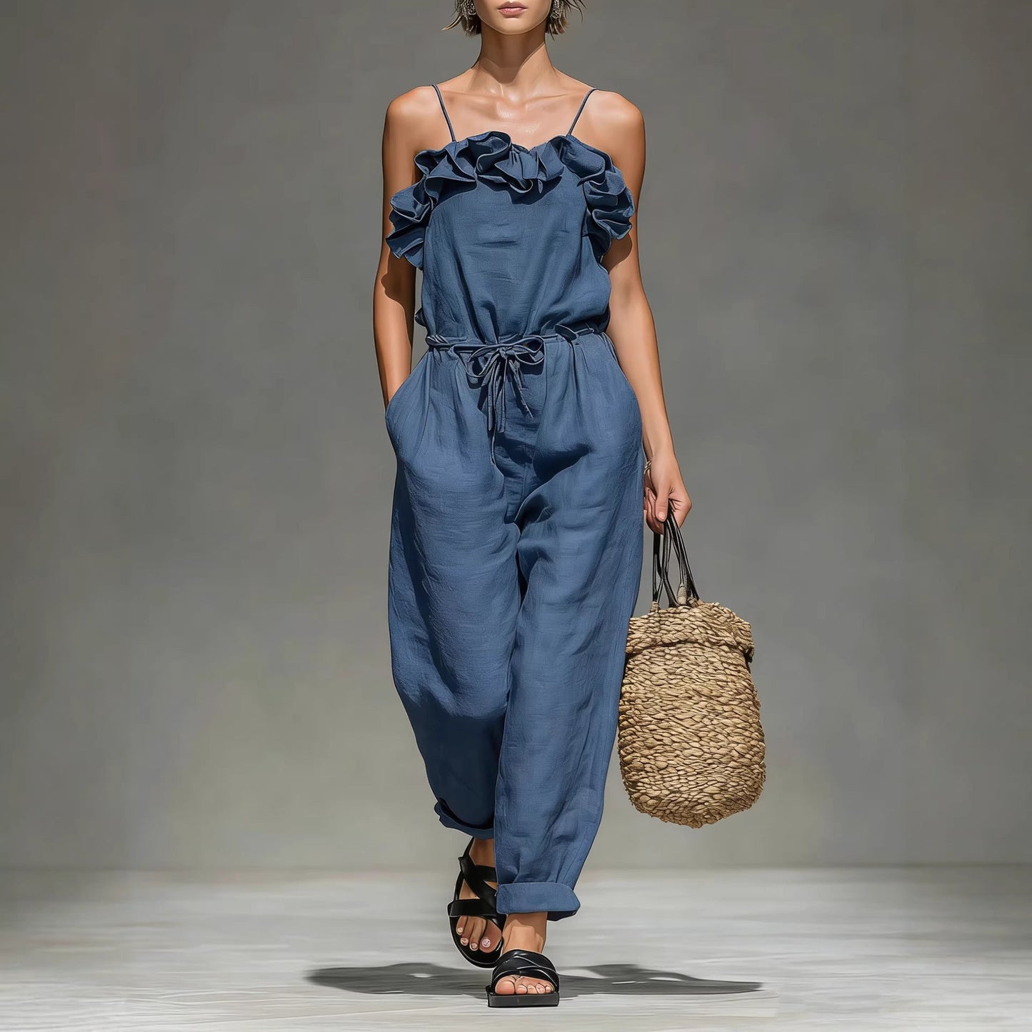 Women's Off-Shoulder Ruffle Wide-Leg Cropped Jumpsuit – Elastic Waist