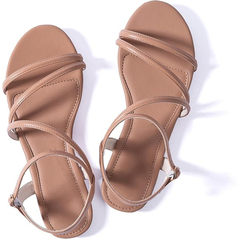 Mtzyoa Women Size 9 Nude Faux Leather Sandals Open Round Toe Ankle Strap Shoes