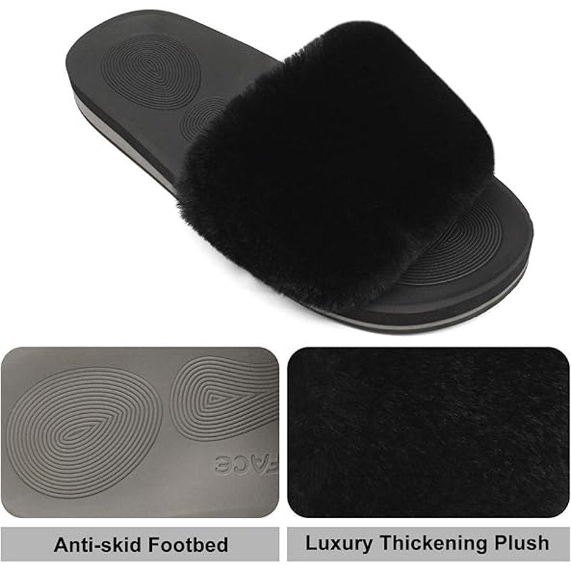 New Coface Womens Size 8 Black Fuzzy Slides Open Round Toe Sandal House Shoes