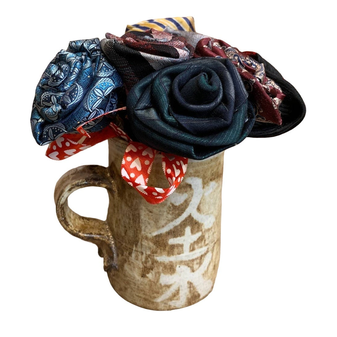 Handmade Upcycled Neck Tie Flower Rose Bouquet Mowe Pottery Mug Vase