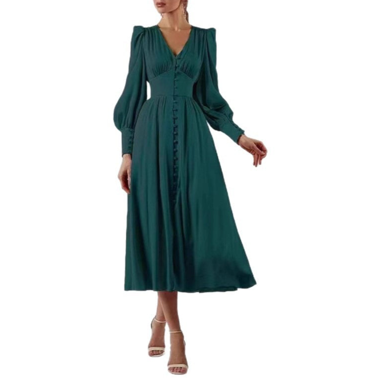 V-Neck Elegant Long Sleeve Waist-Defining Dress Style