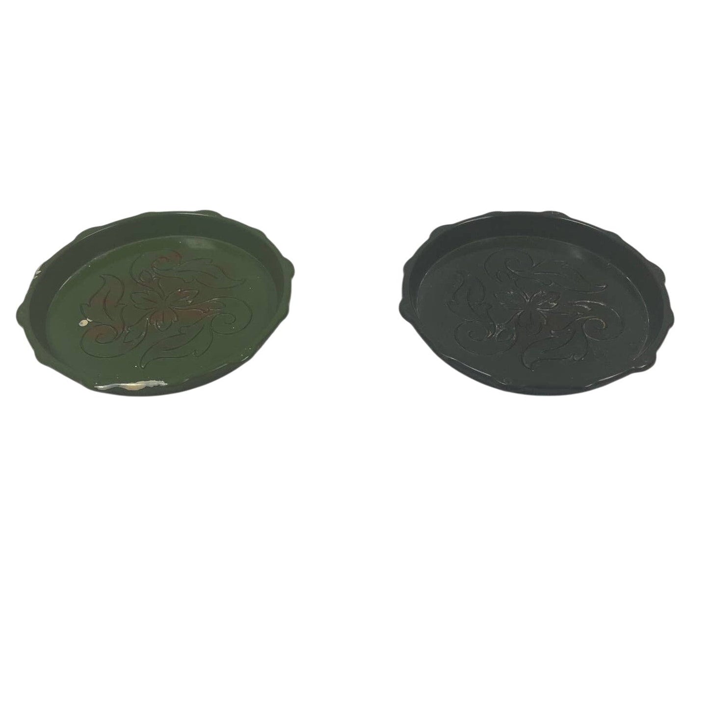 Pair of Vintage Dark Green Melamine Plastic Floral Round Coasters