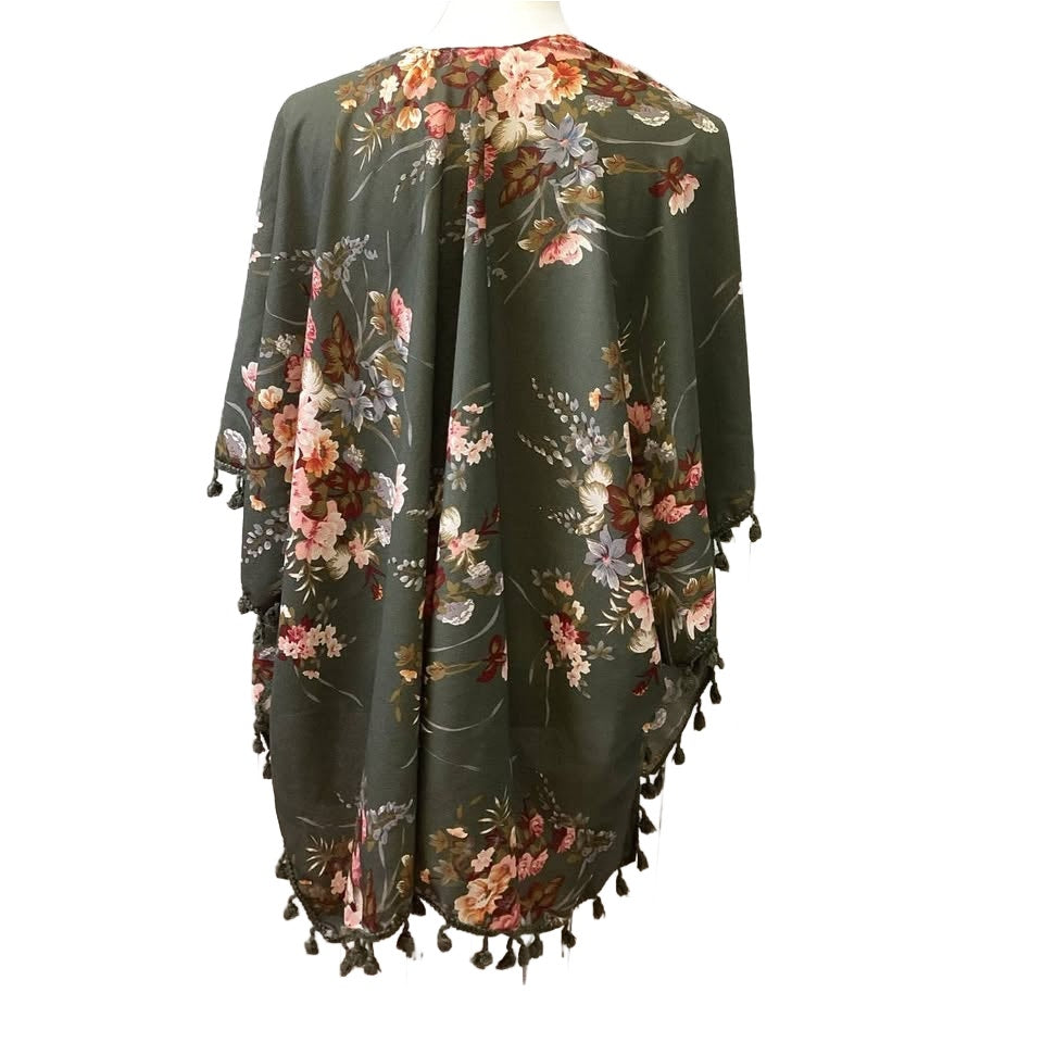 One Size Polyester Floral Long Open Cardigan Overlay Coverup w Tassels Fringe