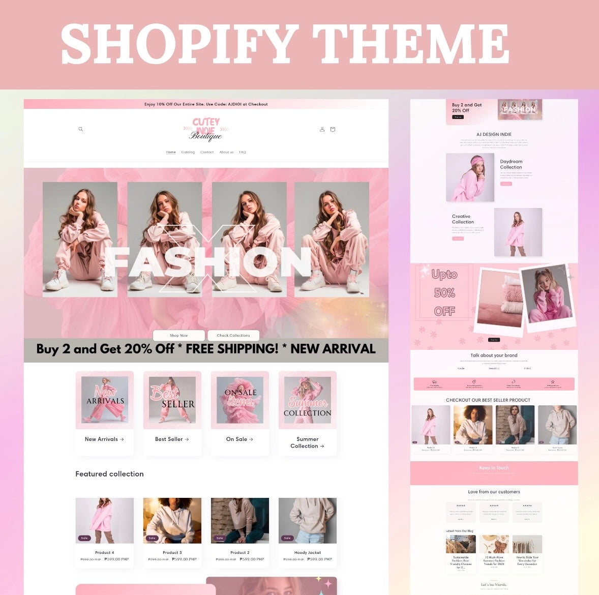 Shopify theme with a pink and white design featuring fashion products and promotional text.