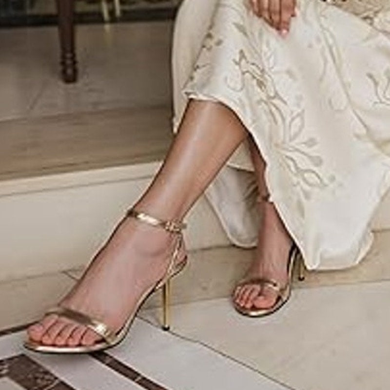 Modatope Womens Size 9 Shiny Gold 4.5" Heel Stiletto Open Toe Ankle Strap Shoes