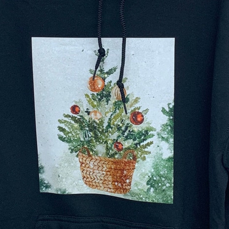 New Hand Printed Womens Large Christmas Tree Holiday Long Sleeve Hoodie