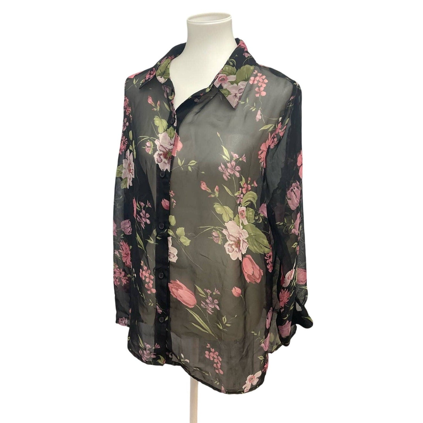 Fashion Bug Womens 14W 16W Sheer Floral Long Sleeve Polyester Button Down Blouse