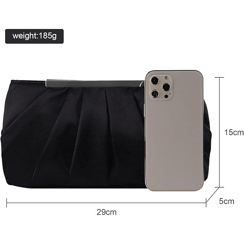 Lanpet Womens Black Silver Pleated Satin Magnetic Close Clutch Handbag