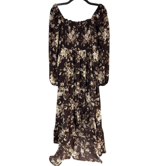 New Francescas Womens XS Brown Tan Floral Hi Low Smocked Boho Cottage Dress