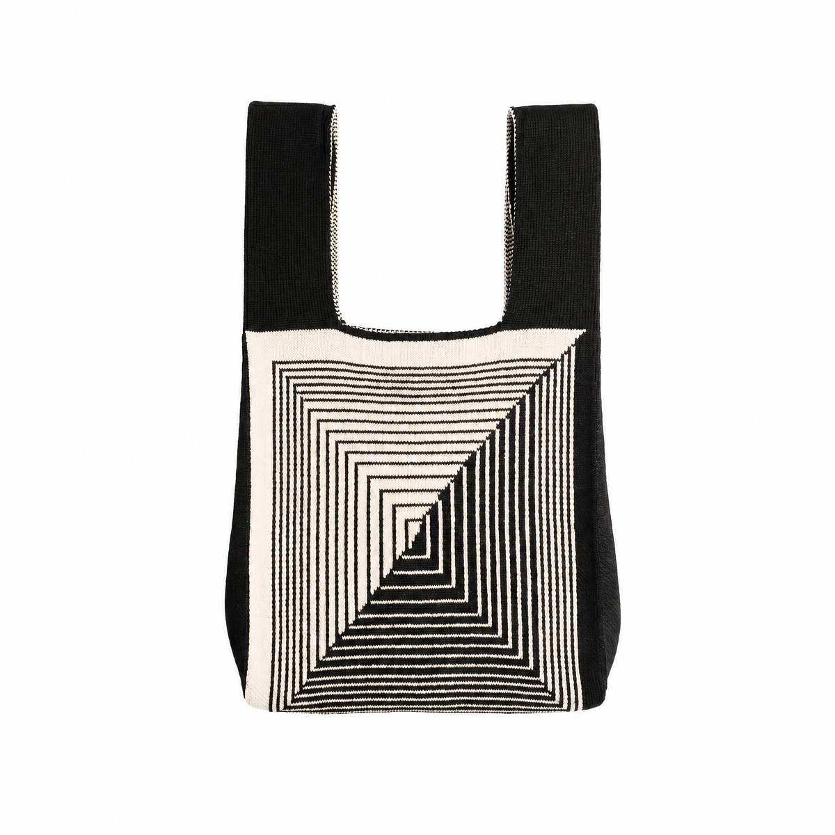 A black and off-white woven tote bag with a geometric pattern of concentric triangles on the front panel and solid black shoulder straps, shown against a plain white background.