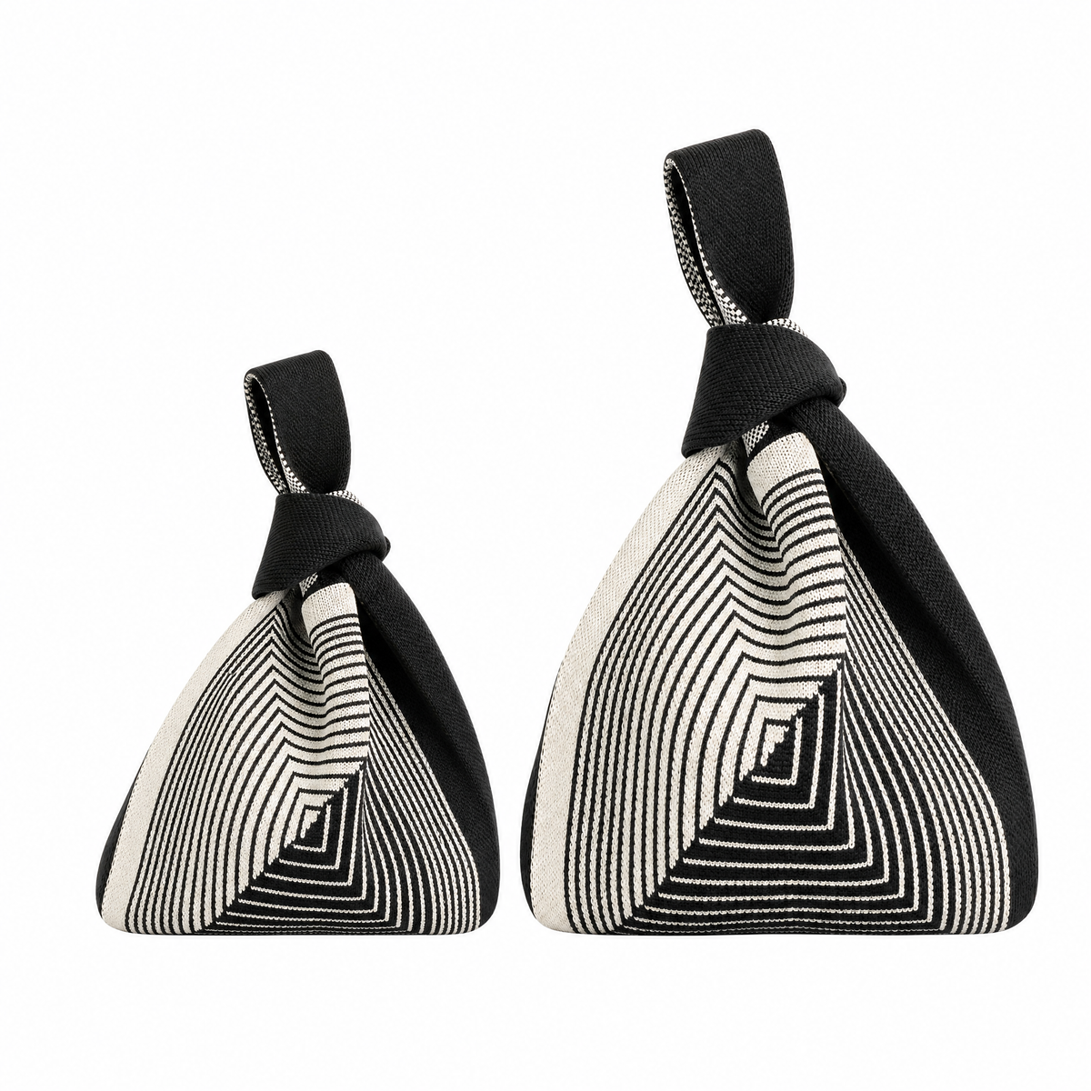 Two triangular knotted fabric pouches with black and off-white geometric striped patterns, shown on a plain white background.