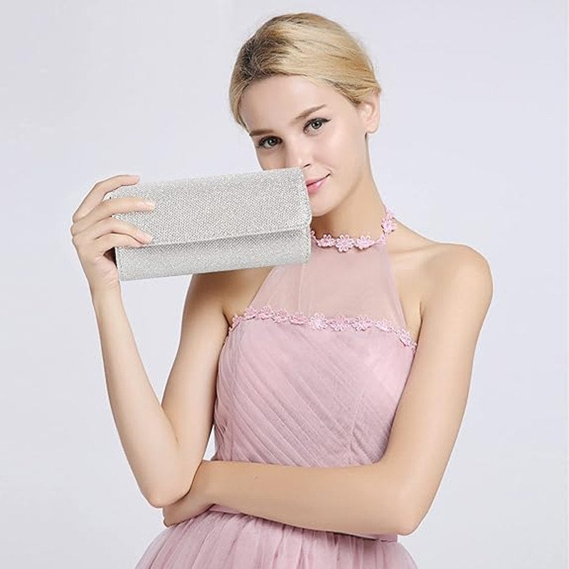 IovyoCoCo Womens Silver Glitter Magnetic Closure Chain Strap Handbag Clutch