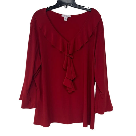 Dress Barn Womens 3X PolySpandex Long Sleeve Red Ruffled V Neck Flowy Blouse