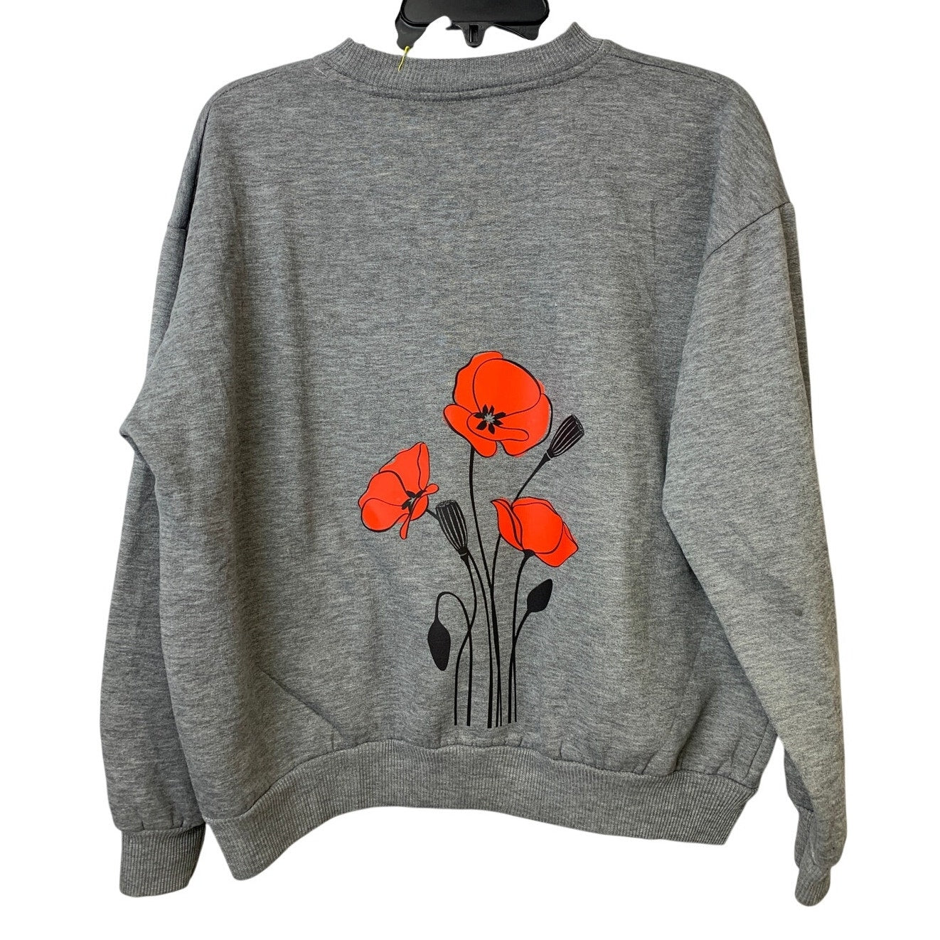Upcycled Hand Printed Womens Small Gray Red Poppy Flower Front Back Sweatshirt