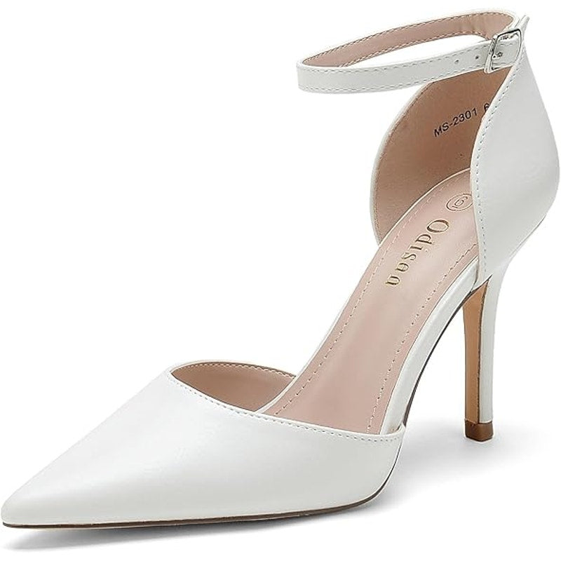 Odisen Womens Size 8 White 3.5" Stiletto Heel Closed Point Toe Ankle Strap Shoes