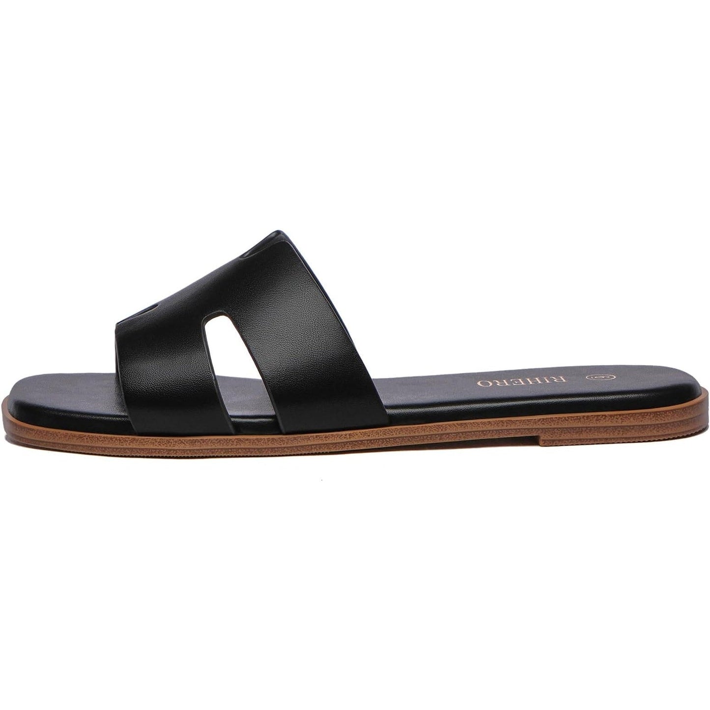 Rihero Womens Size 7 Black Sandals Flats Slip On Square Open Toe Slides Shoes