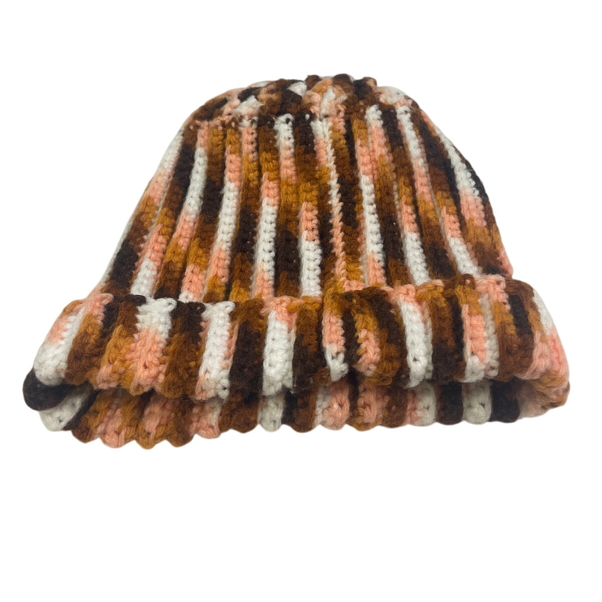 Hand Crocheted Variegated Brown Orange White Acrylic Yarn Kids Winter Hat Cap