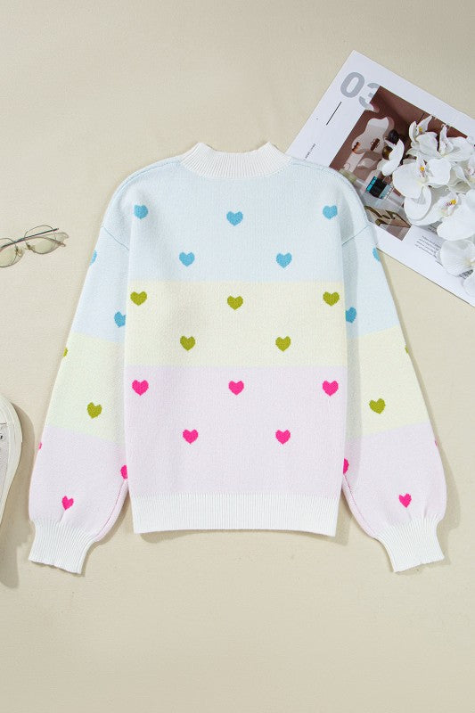 Colorblock Heart Mock Neck Drop Shoulder Sweater
