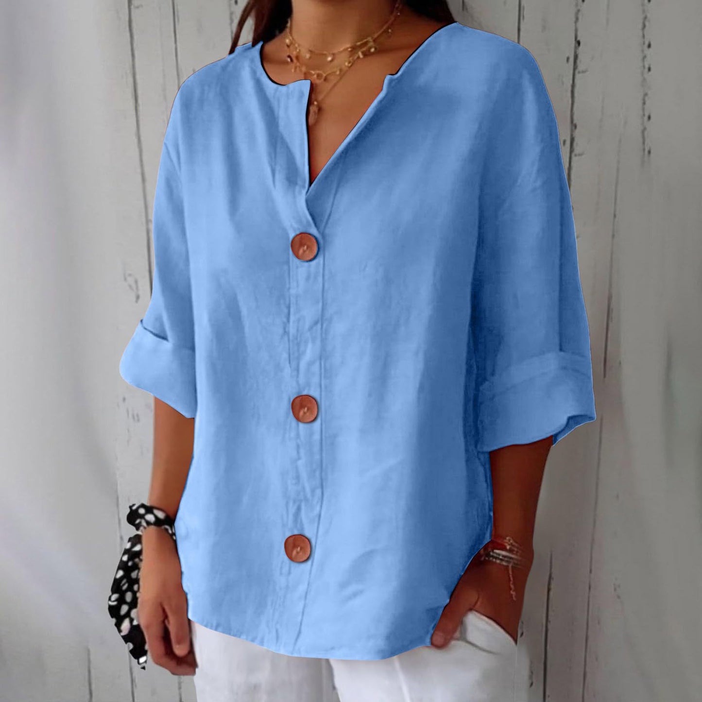 Women’s V-Neck Cotton Linen Buttoned Blouse