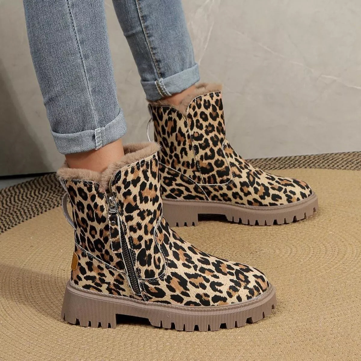 Leopard Print Fur Lined Ankle Boots