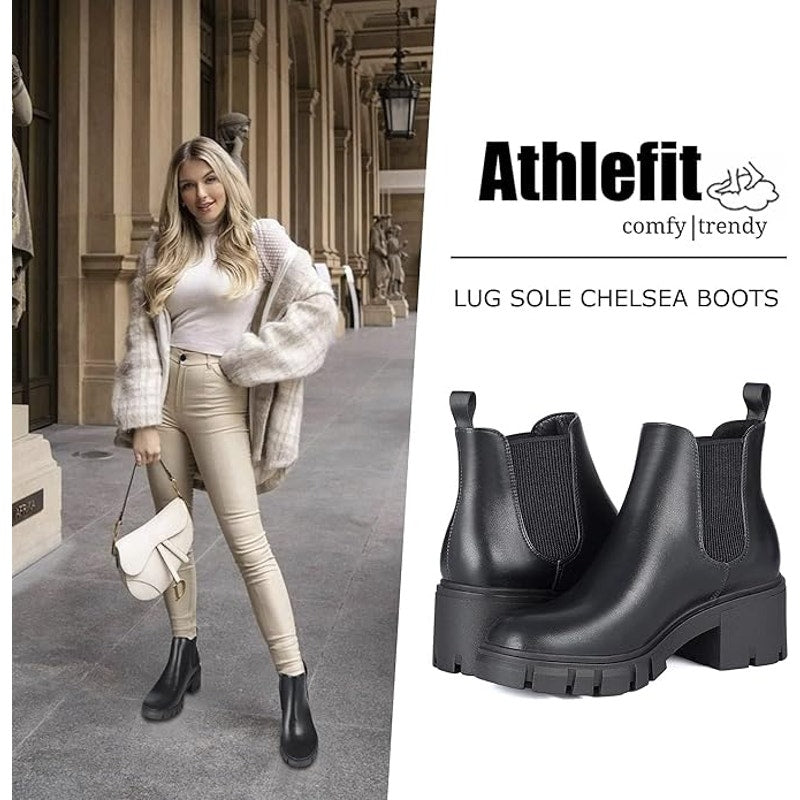 Athlefit Womens Size 9.5 Black 2" Chunky Heel Ankle Boots Slip On Shoes