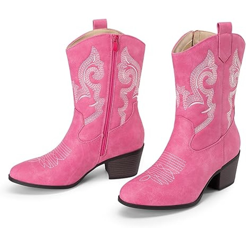 Dream Pairs Womens 8.5 Faux Pink Leather 2.25" Block Heel Mid Calf Cowboy Boots