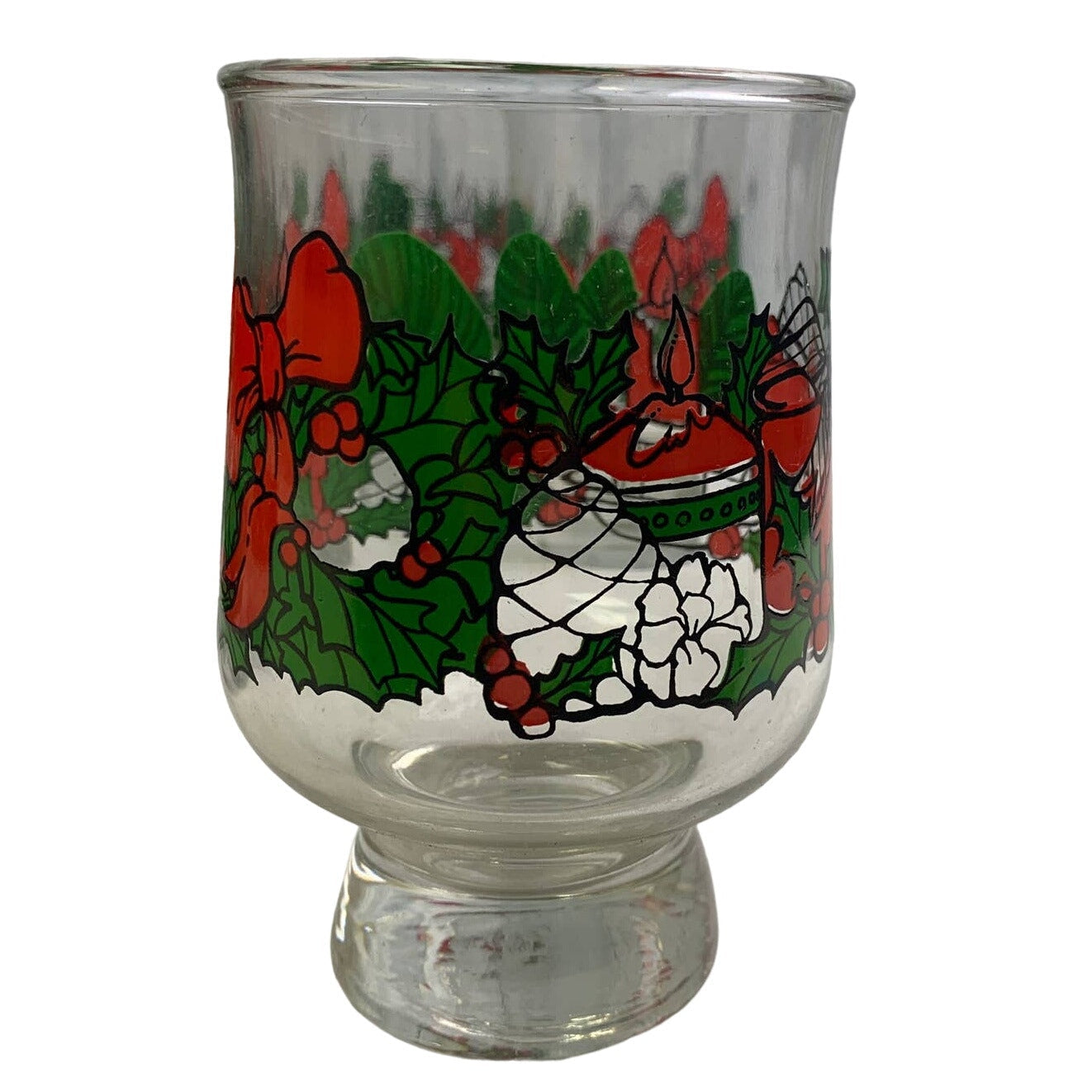 Lot of 11 Vintage Footed Christmas Wreath Candle Seasons Greetings Drink Glasses