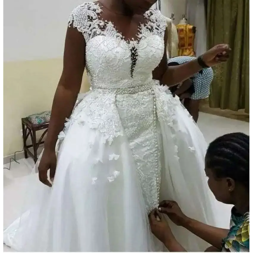 African Mermaid Detachable Lace Wedding Dress