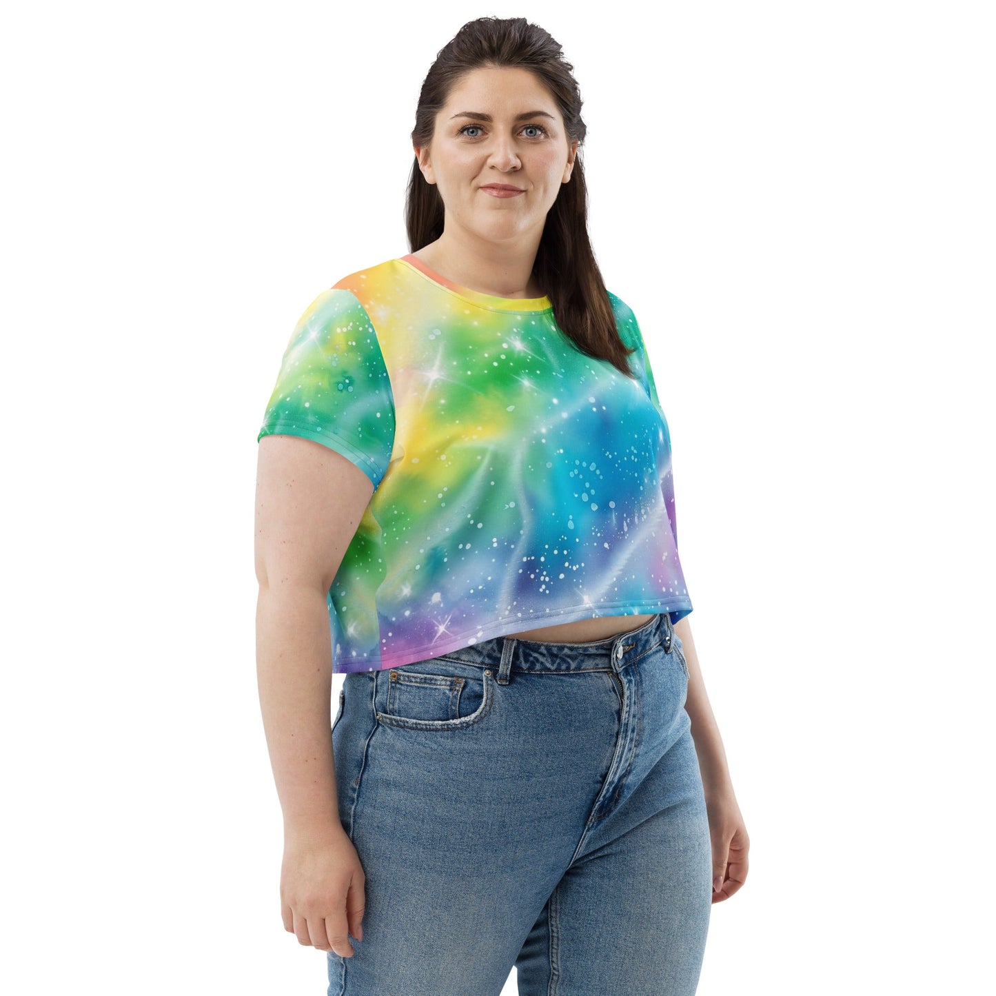 Rainbow Shimmer Woman's Crop Top Tee For EDM Rave Festival Outfit Clothing