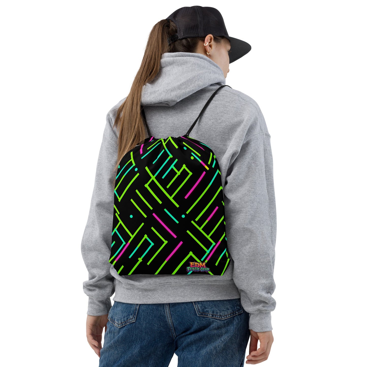 Neon Geometrical Line Drawstring bag For EDM Rave Festival Outfit Clothing
