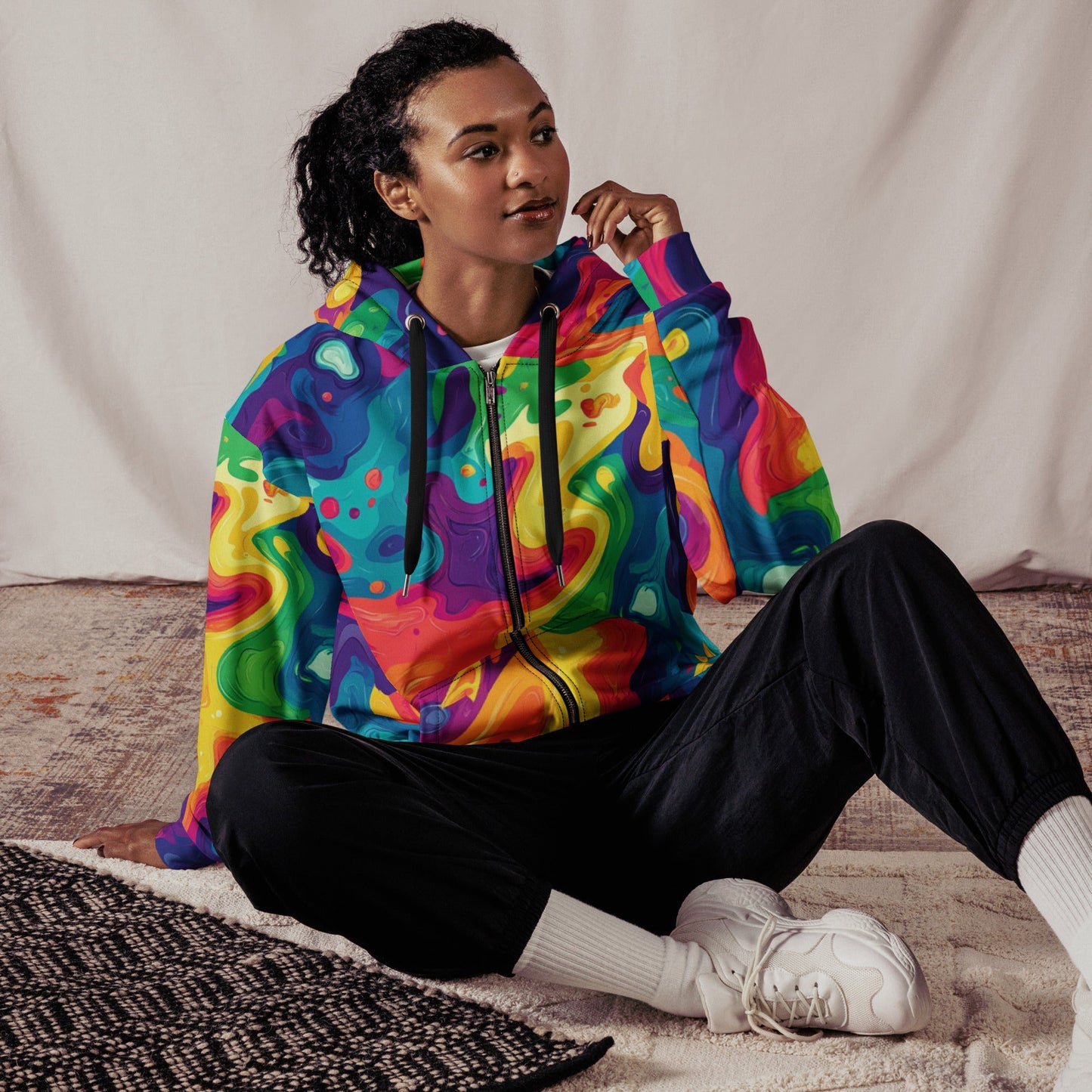 Rainbow Melt Zip Up Hoodie For EDM Rave Festival Outfit Clothing