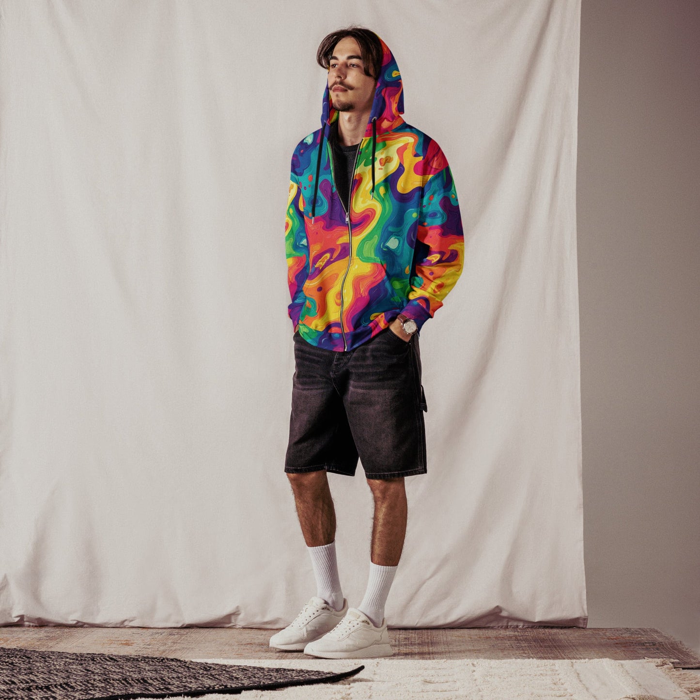 Rainbow Melt Zip Up Hoodie For EDM Rave Festival Outfit Clothing