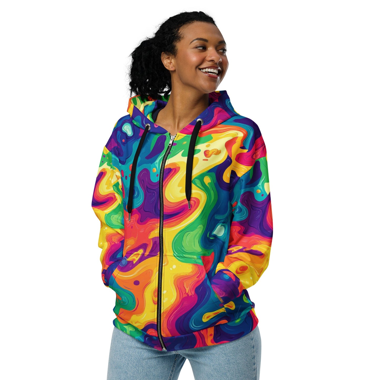 Rainbow Melt Zip Up Hoodie For EDM Rave Festival Outfit Clothing